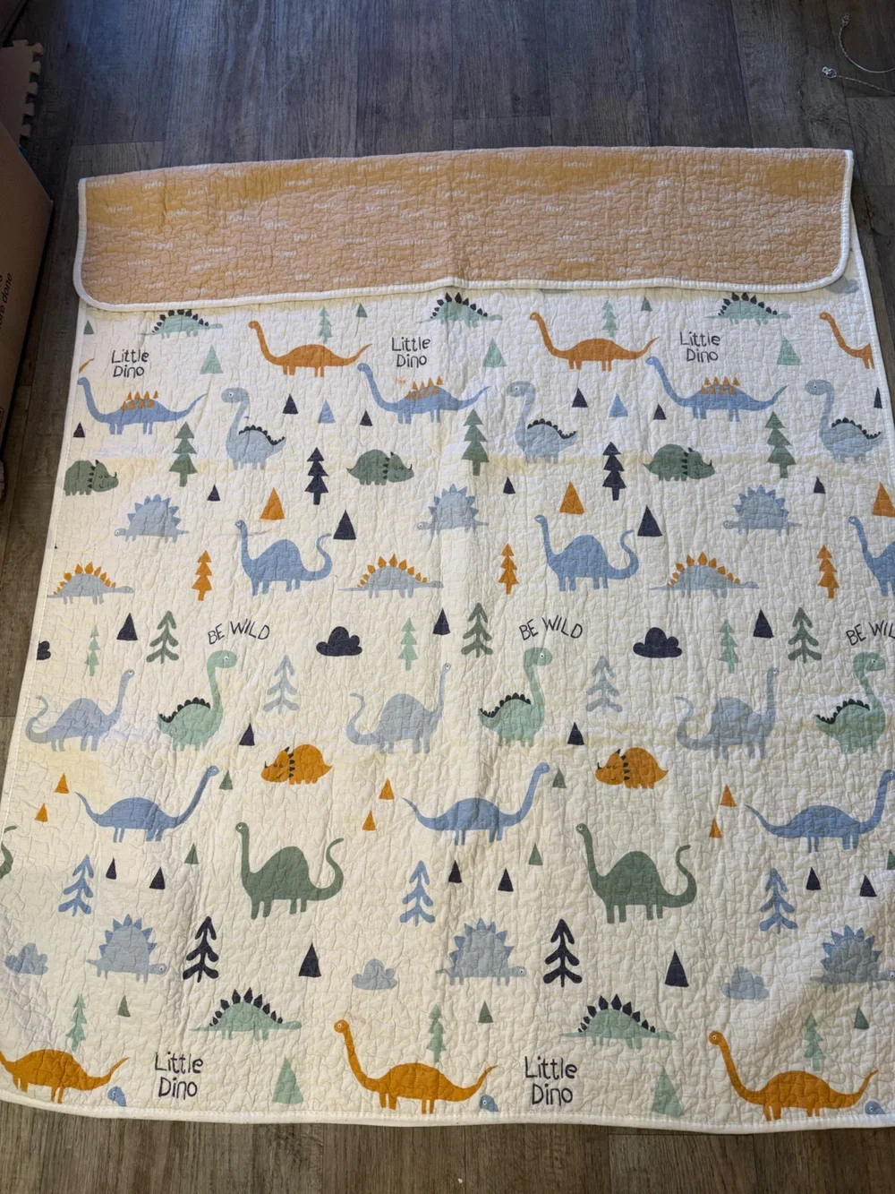 Little Dino Baby Quilt comforter - Cream with Blue, Green & Orange Dinosaurs